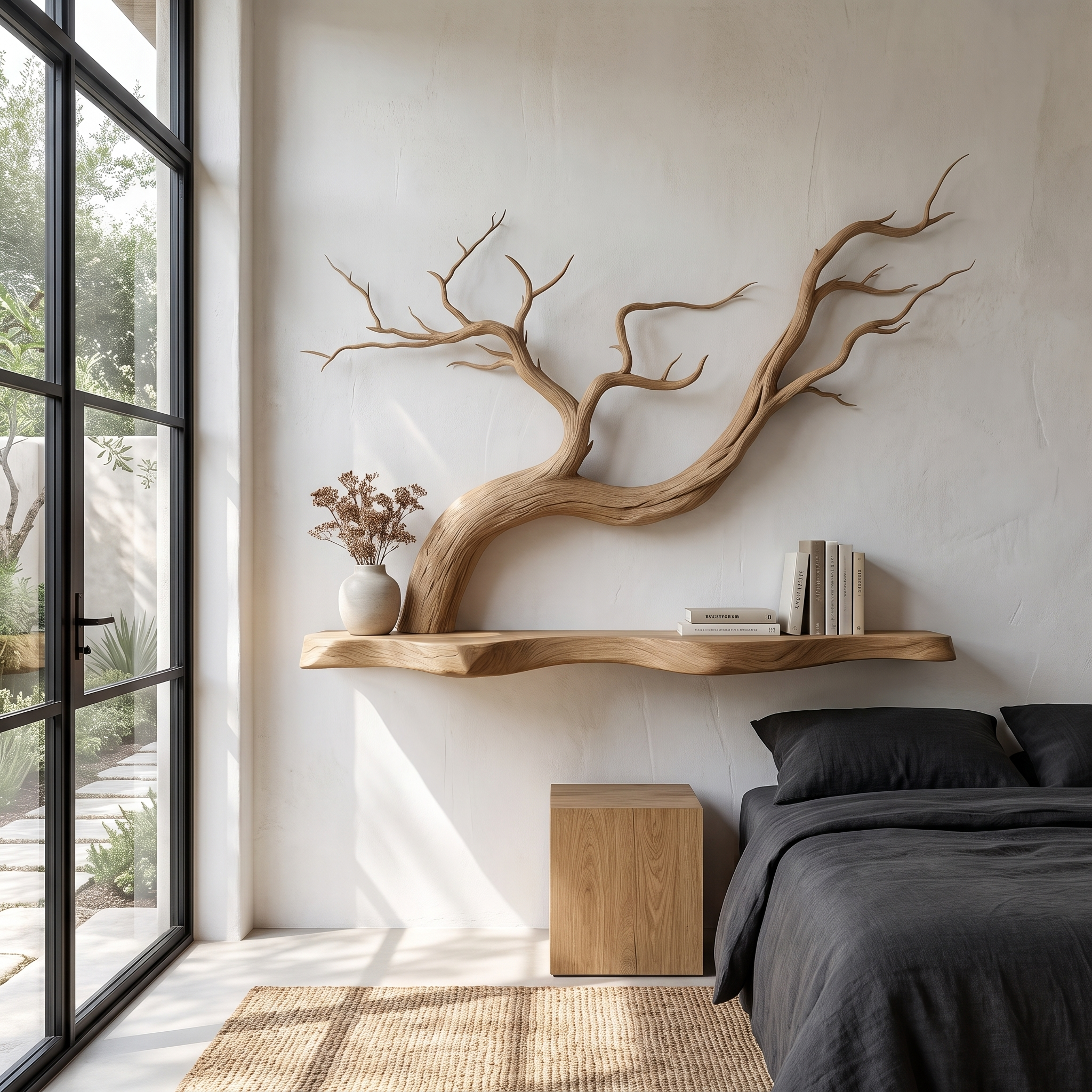 Handcrafted Floating Shelf With Sculptural Tree Branch Form For Living Room