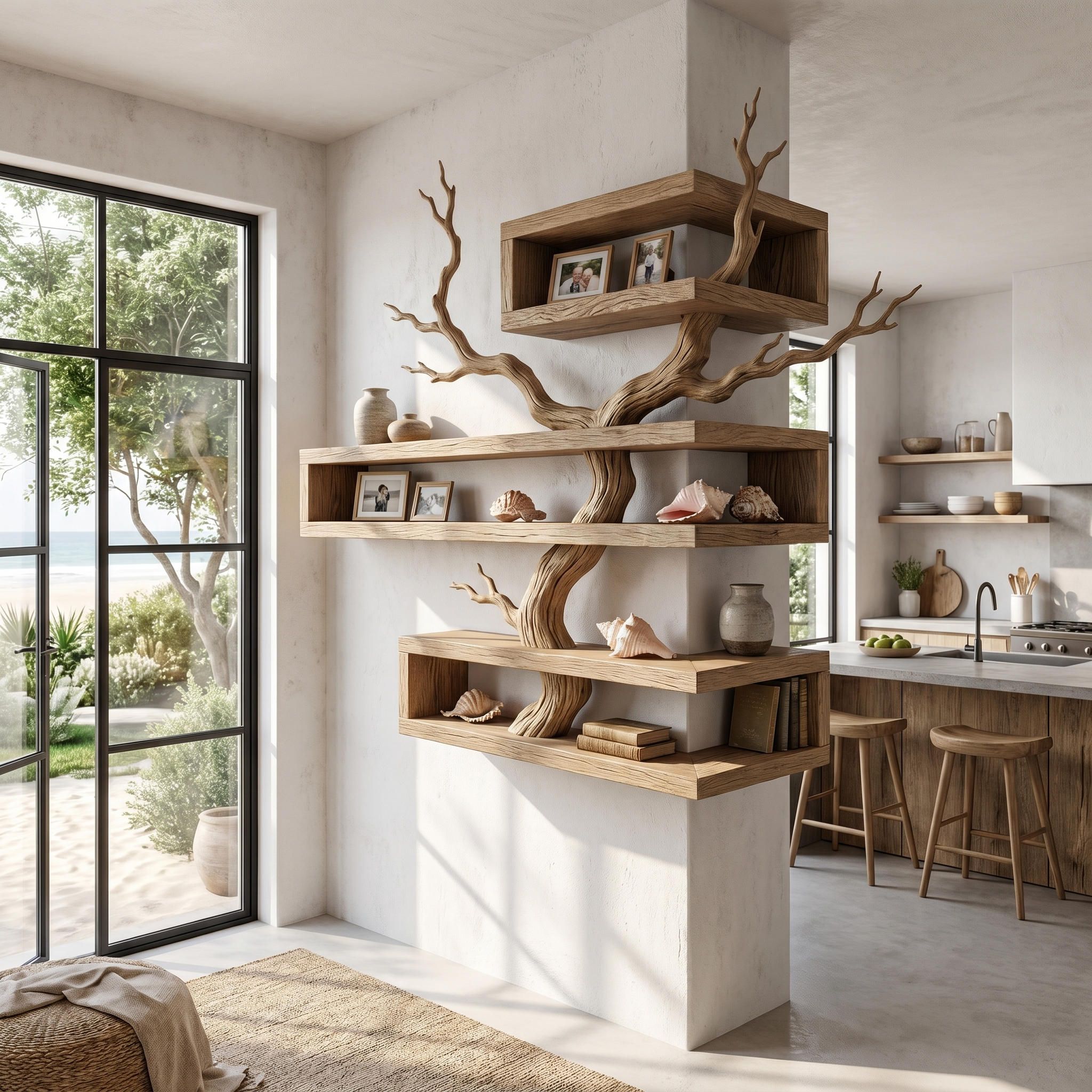 Rustic Corner Floating Shelf With Artistic Branch Shelves For Living Room