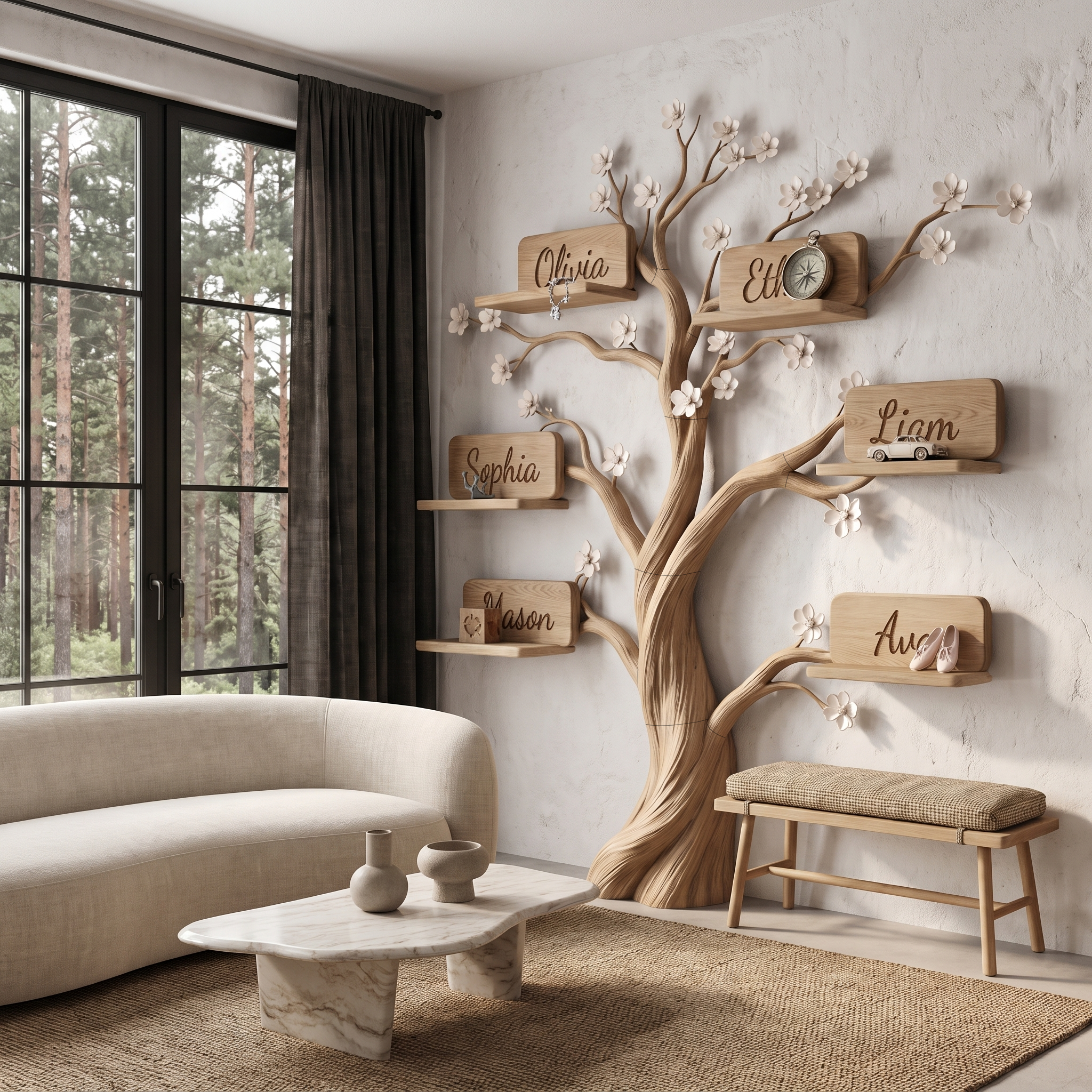 Natural Custom Family Tree Shelf With Heart Name Plaques For Living Room And Entryway
