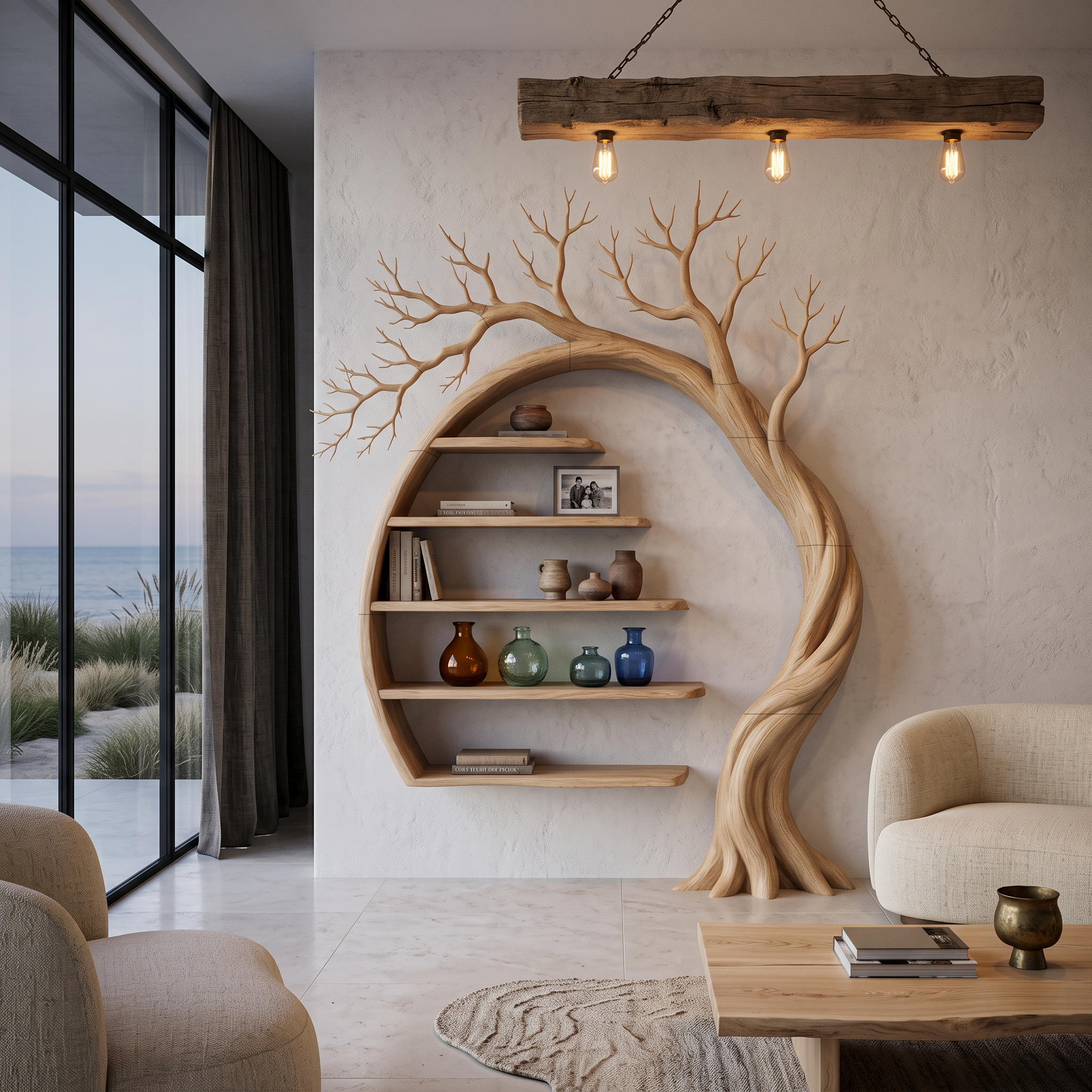 Natural Tree Bookshelf With Circular Branch Design For Living Room And Reading Nook
