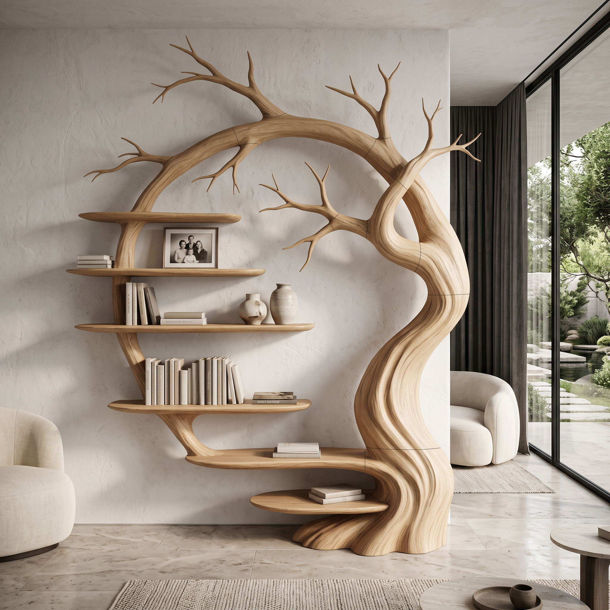Rustic Tree Bookshelf With Sculptural Tree Branch Design For Living Room And Home Office