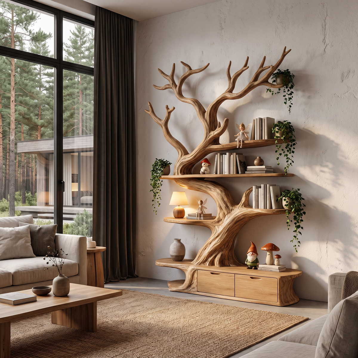 Sculptural Tree Bookshelf Handcrafted Tree Branch Design For Home Office SINLHATB769