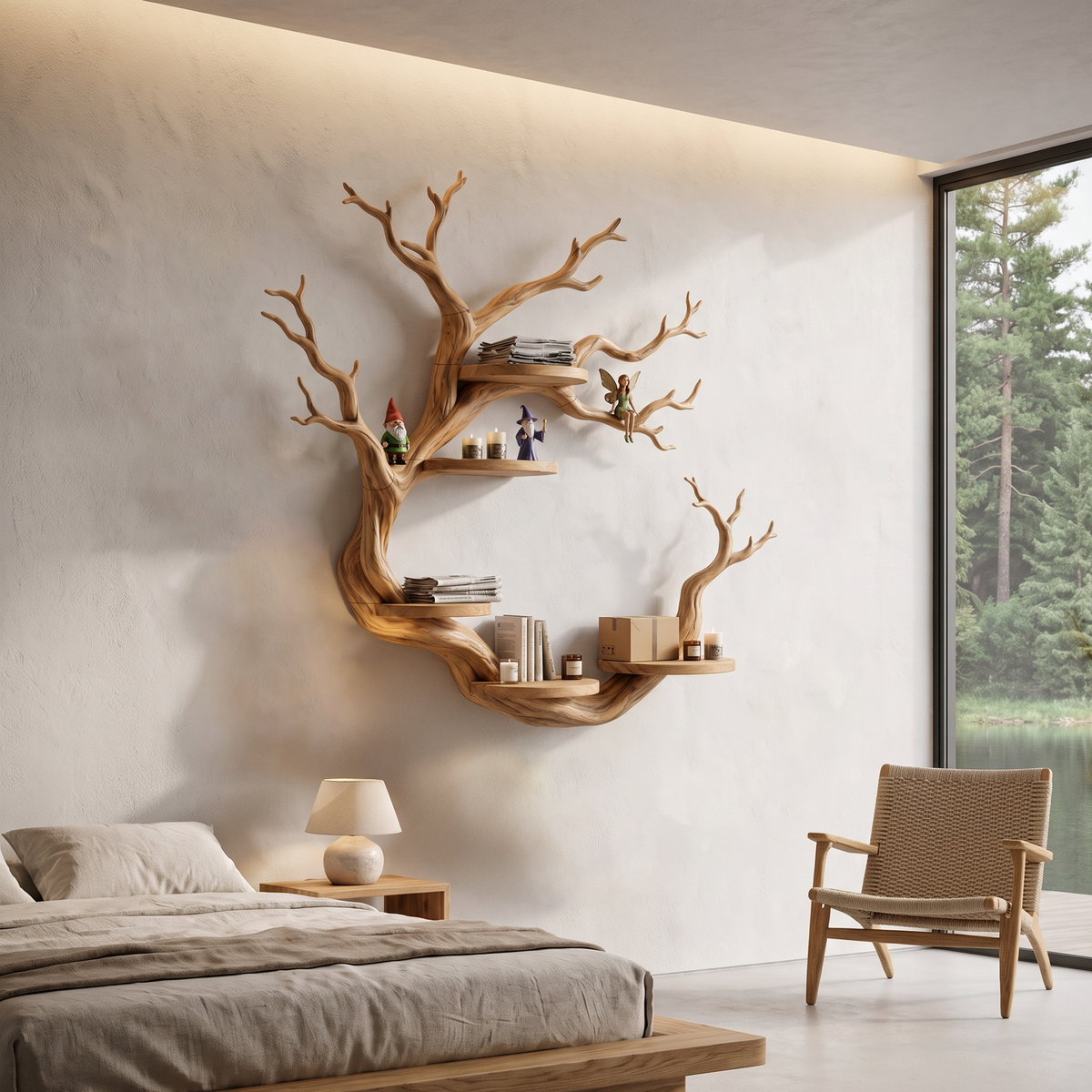 Rustic Tree Bookshelf With Sculptural Circular Branch Design For Living Room