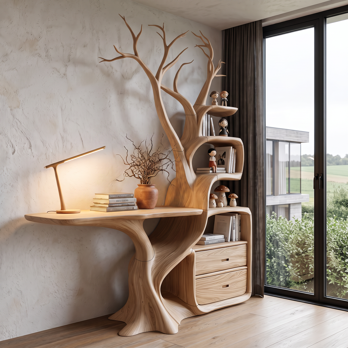 Natural Wall Mounted Tree Bookcase With Built In Drawers For Reading Nook