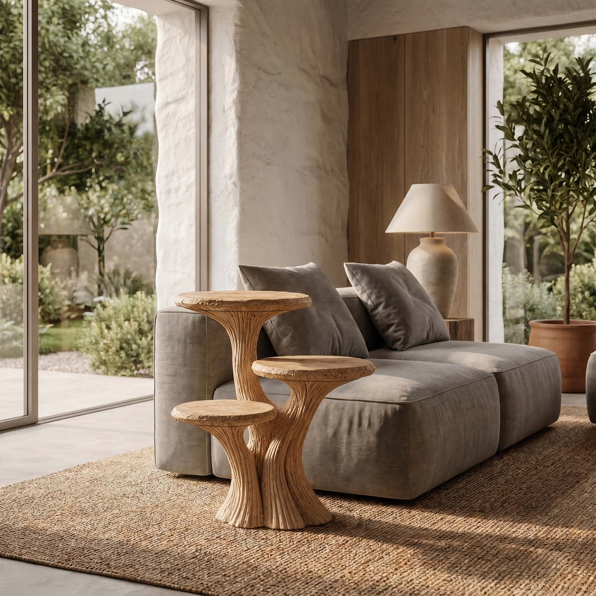 Contemporary Tiered Side Table With Sculptural Solid Wood Design For Living Room And Bedroom ETHCH023