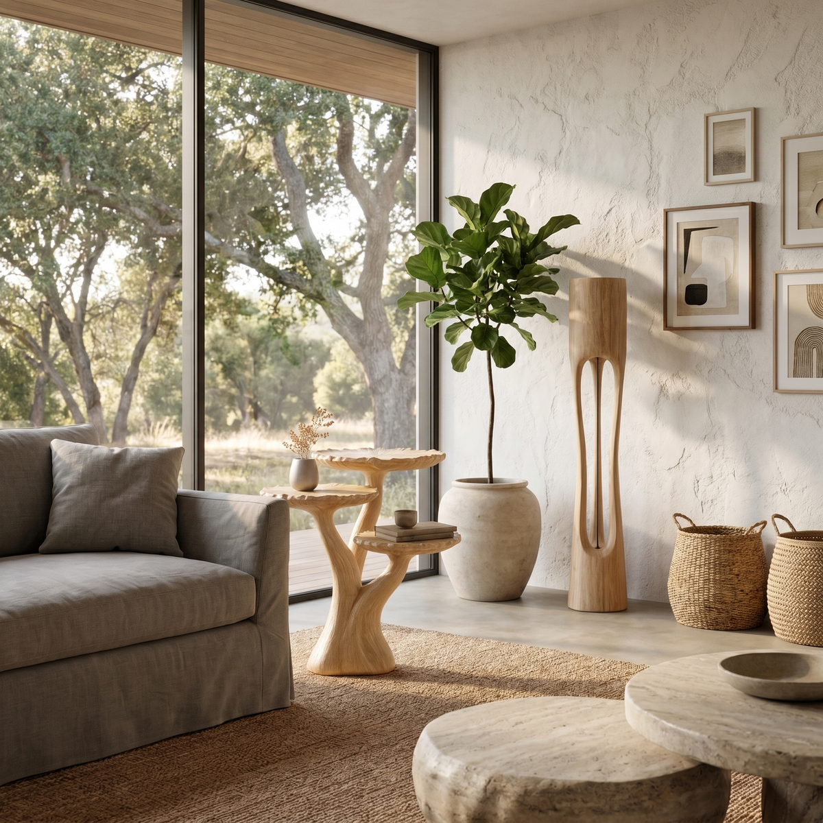 Organic Sculptural Side Table With Multi Tier Solid Wood Shelves For Living Room And Bedroom ETHCH022