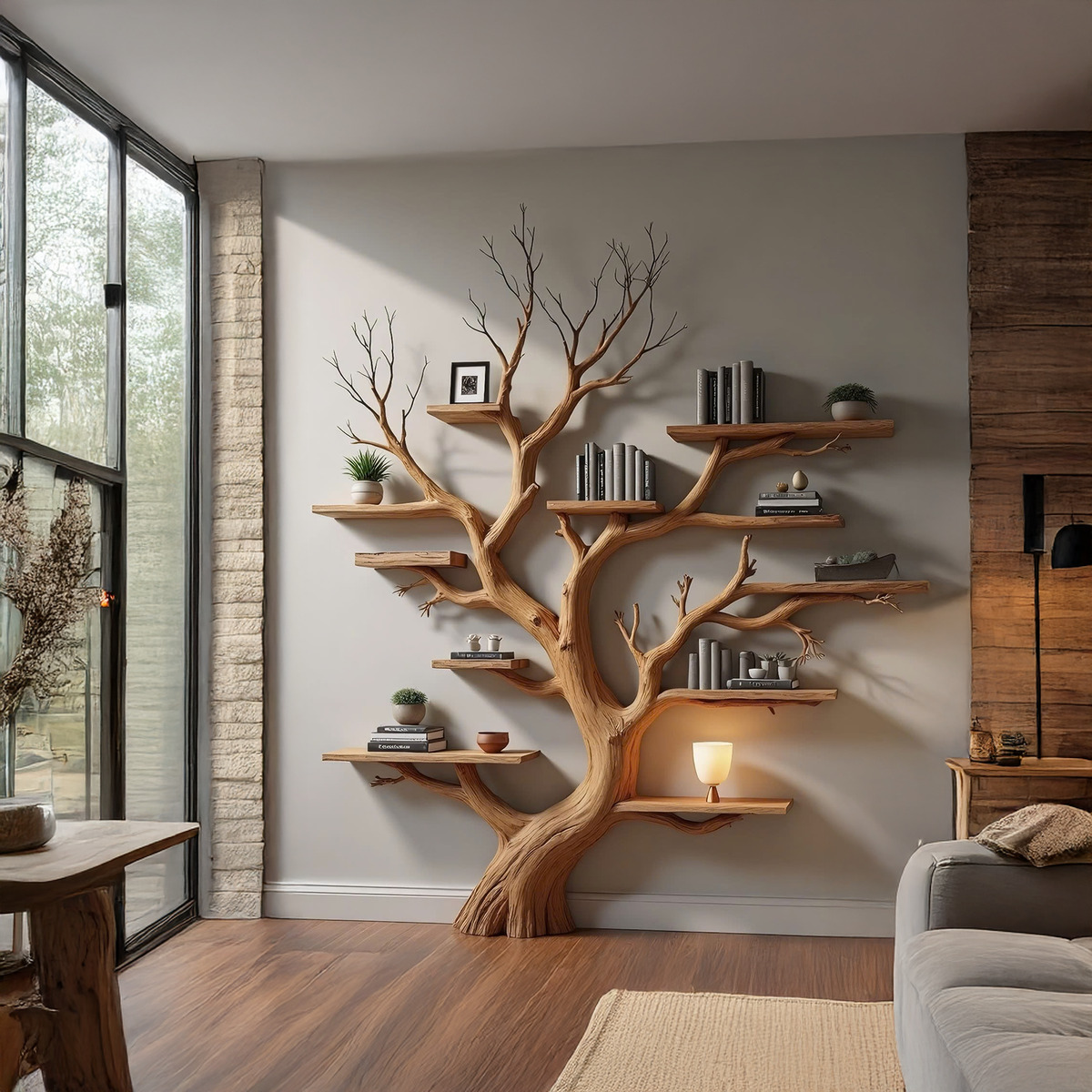 Wood Tree Bookshelf Wal Mounted Shelf Living Room