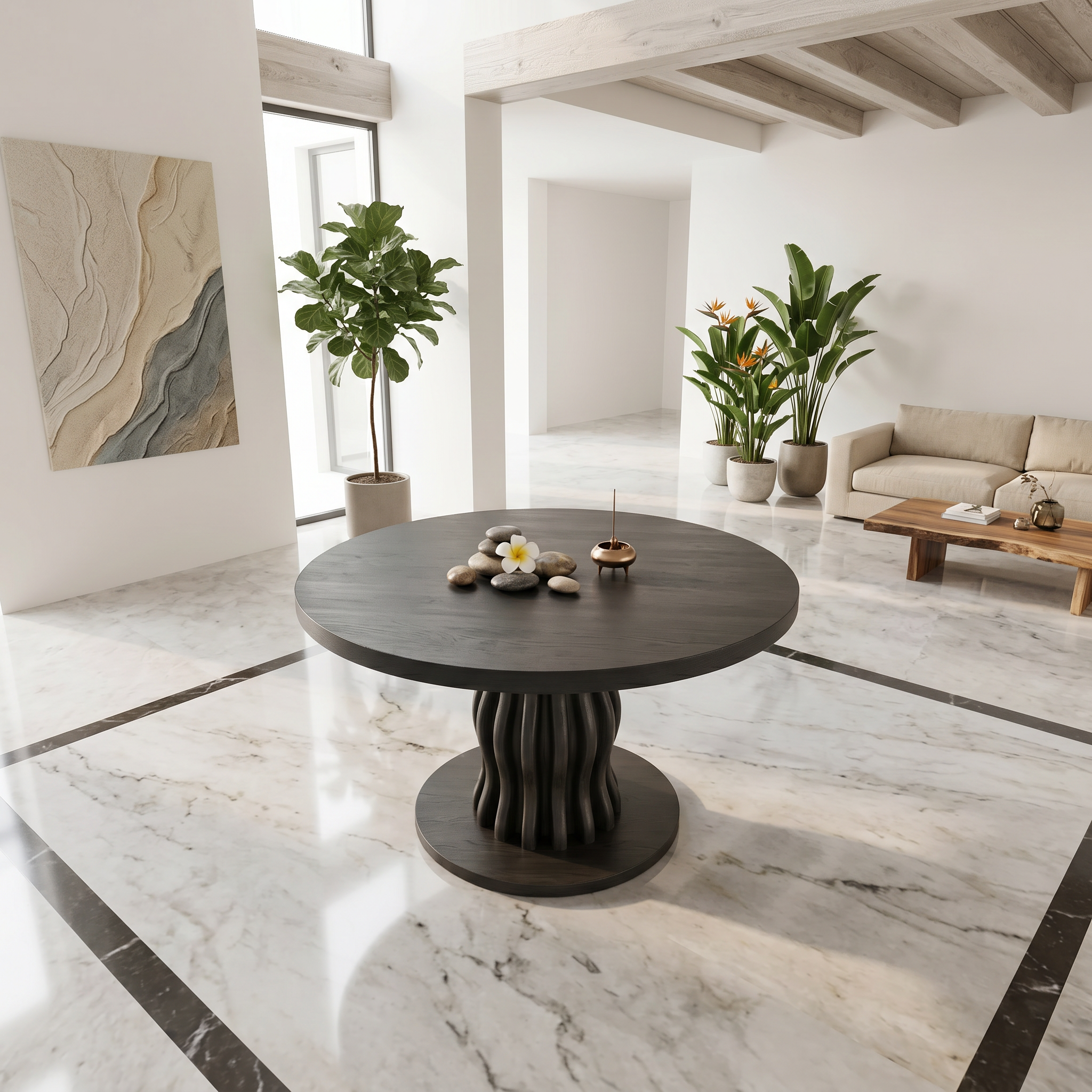 Contemporary Round Entryway Table With Wavy Vertical Form For Foyer And Living Room FTHCH009
