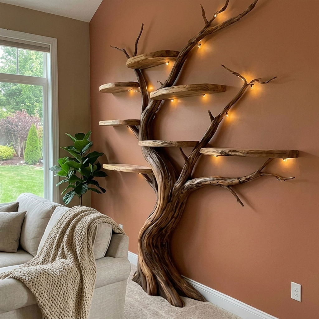 Organic Tree Bookshelf Living Room Interior Sculptural Wall Display