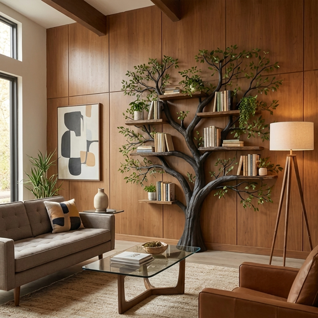 Handcrafted Tree Storage Bookcase Living Room Interior Living Wall Feature