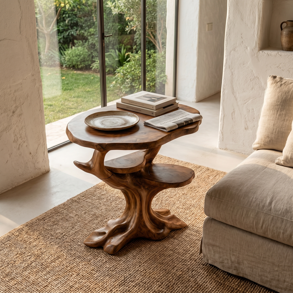Organic Sculptural Side Table With Solid Wood Display Shelves For Living Room And Bedroom ETHCH021