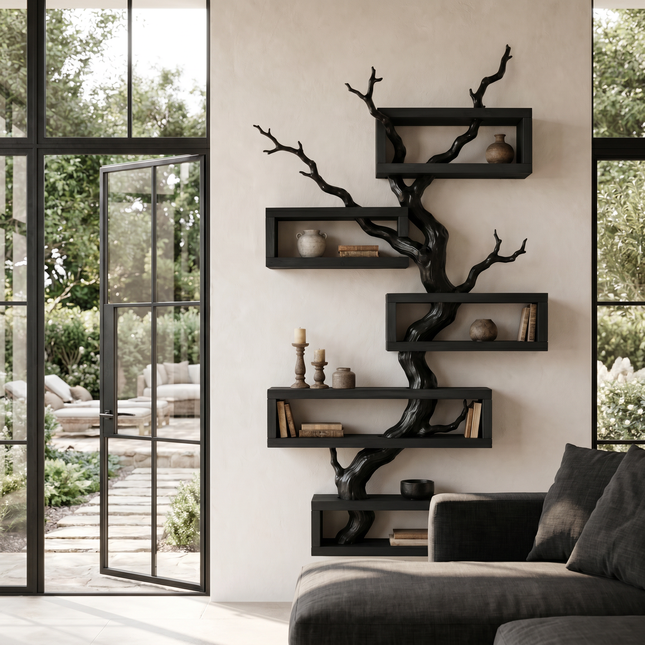 Modern Tree Branch Display Shelf With Floating Shelves For Home