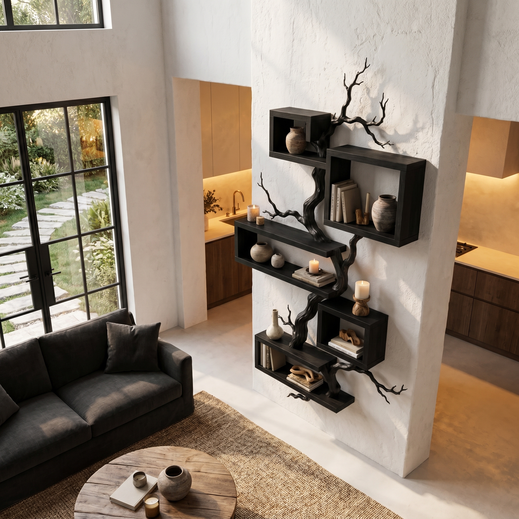 Organic Sculptural Floating Shelf With Tree Branch Design For Living Room