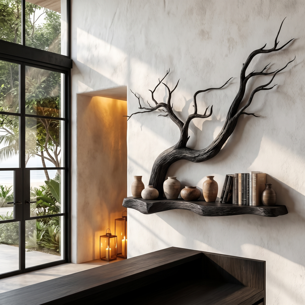 Handcrafted Floating Shelf With Sculptural Tree Branch Form For Living Room