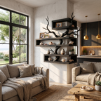 Rustic Corner Floating Shelf With Artistic Branch Shelves For Living Room