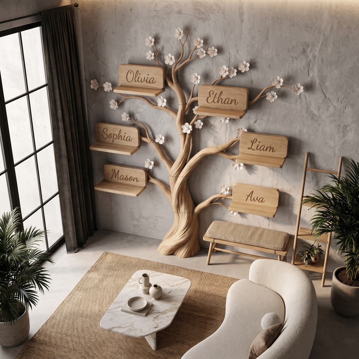Natural Custom Family Tree Shelf With Heart Name Plaques For Living Room And Entryway