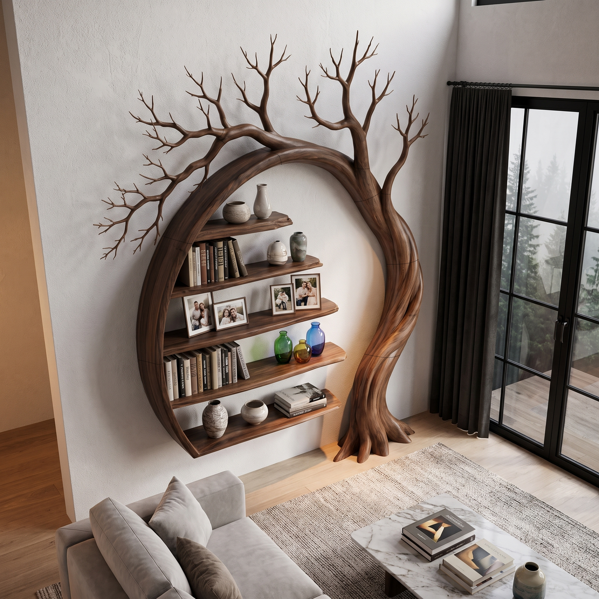 Natural Tree Bookshelf With Circular Branch Design For Living Room And Reading Nook