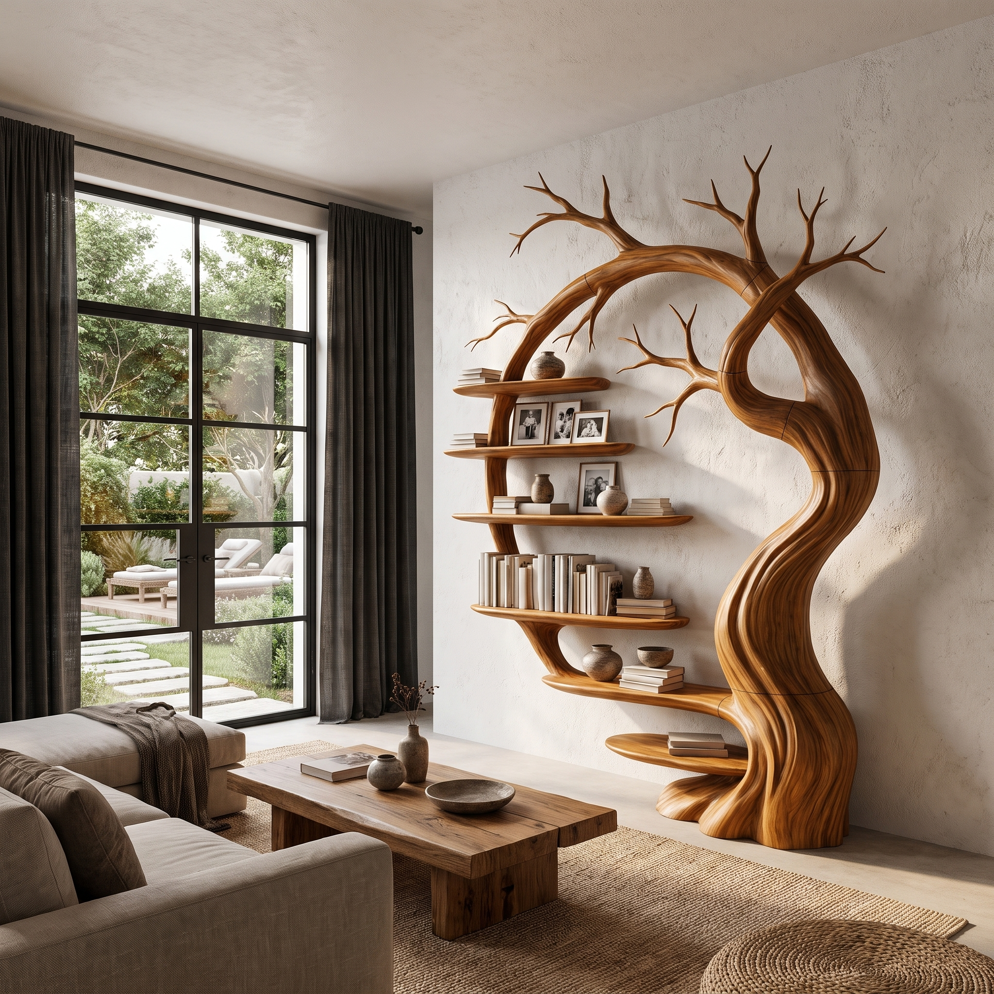 Rustic Tree Bookshelf With Sculptural Tree Branch Design For Living Room And Home Office