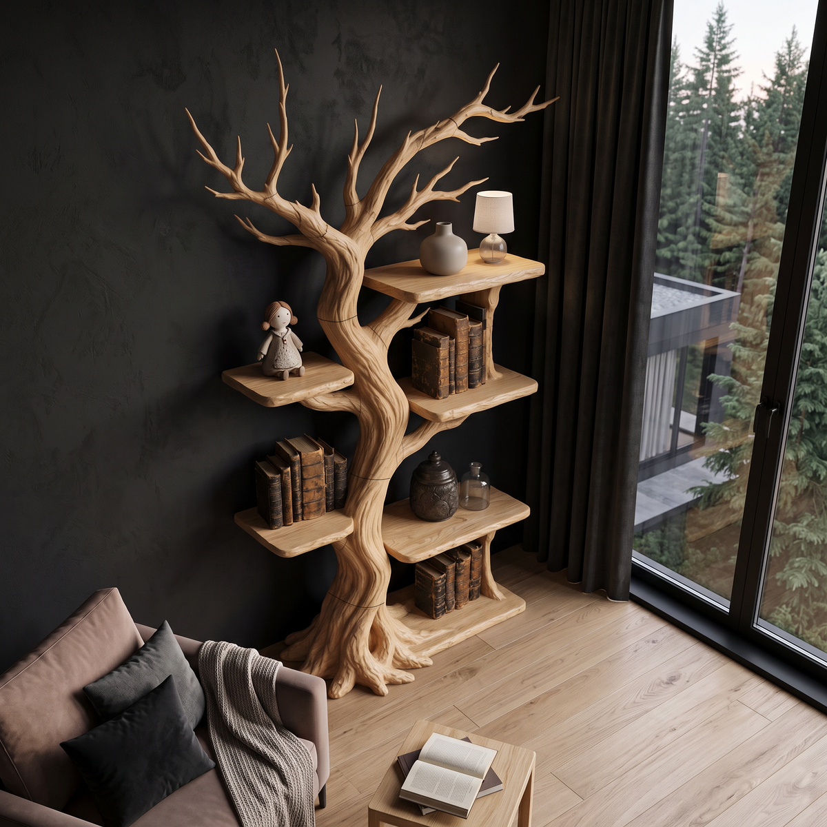 Rustic Tree Bookshelf Handcrafted Woodland Style For Reading Nook