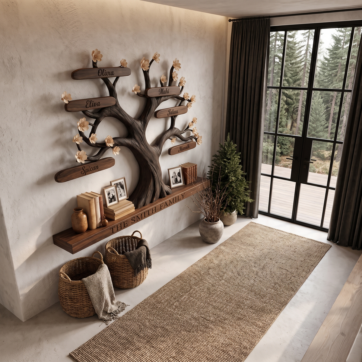 Organic Personalized Tree Wall Bookshelf With Custom Family Name For Living Room And Home Office