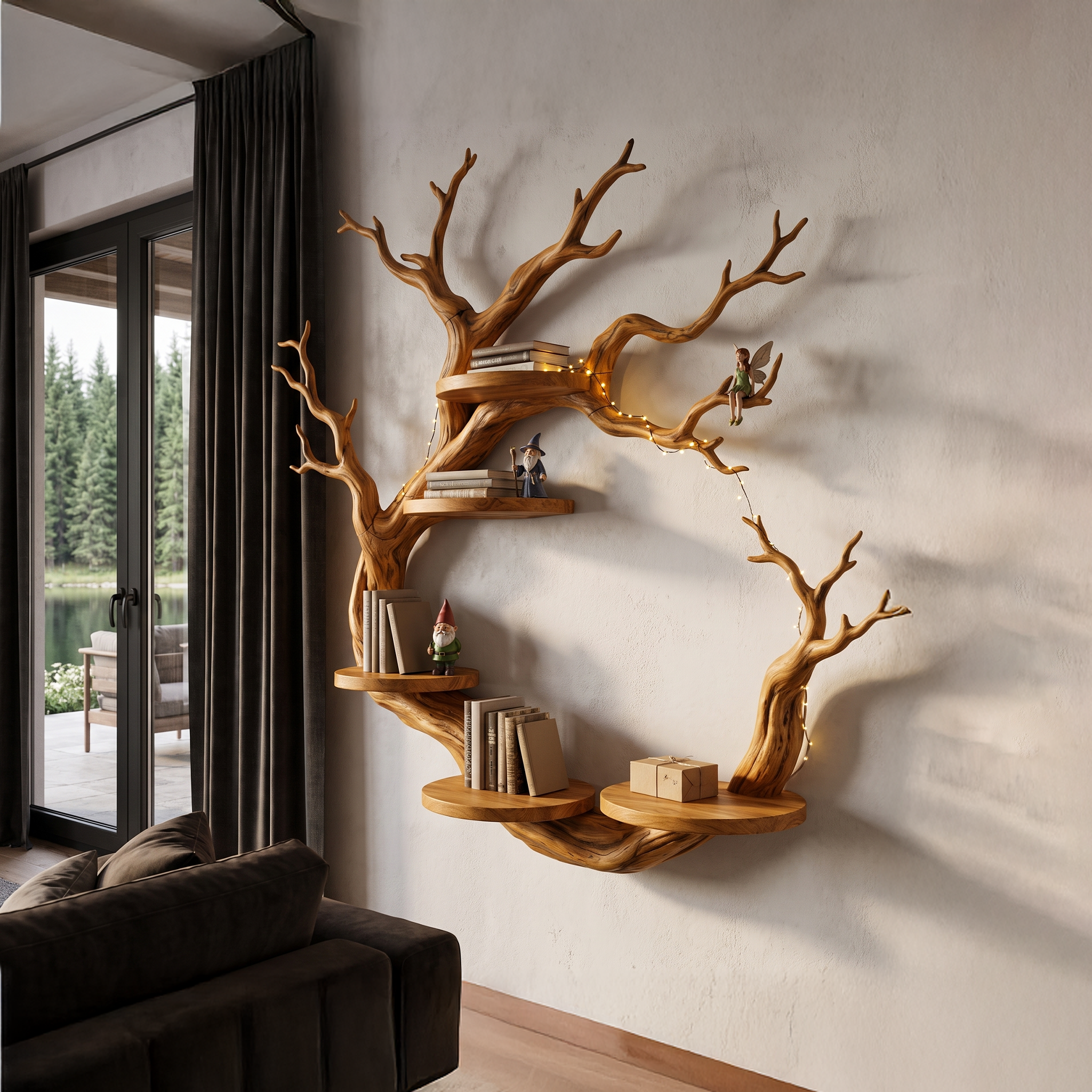 Rustic Tree Bookshelf With Sculptural Circular Branch Design For Living Room