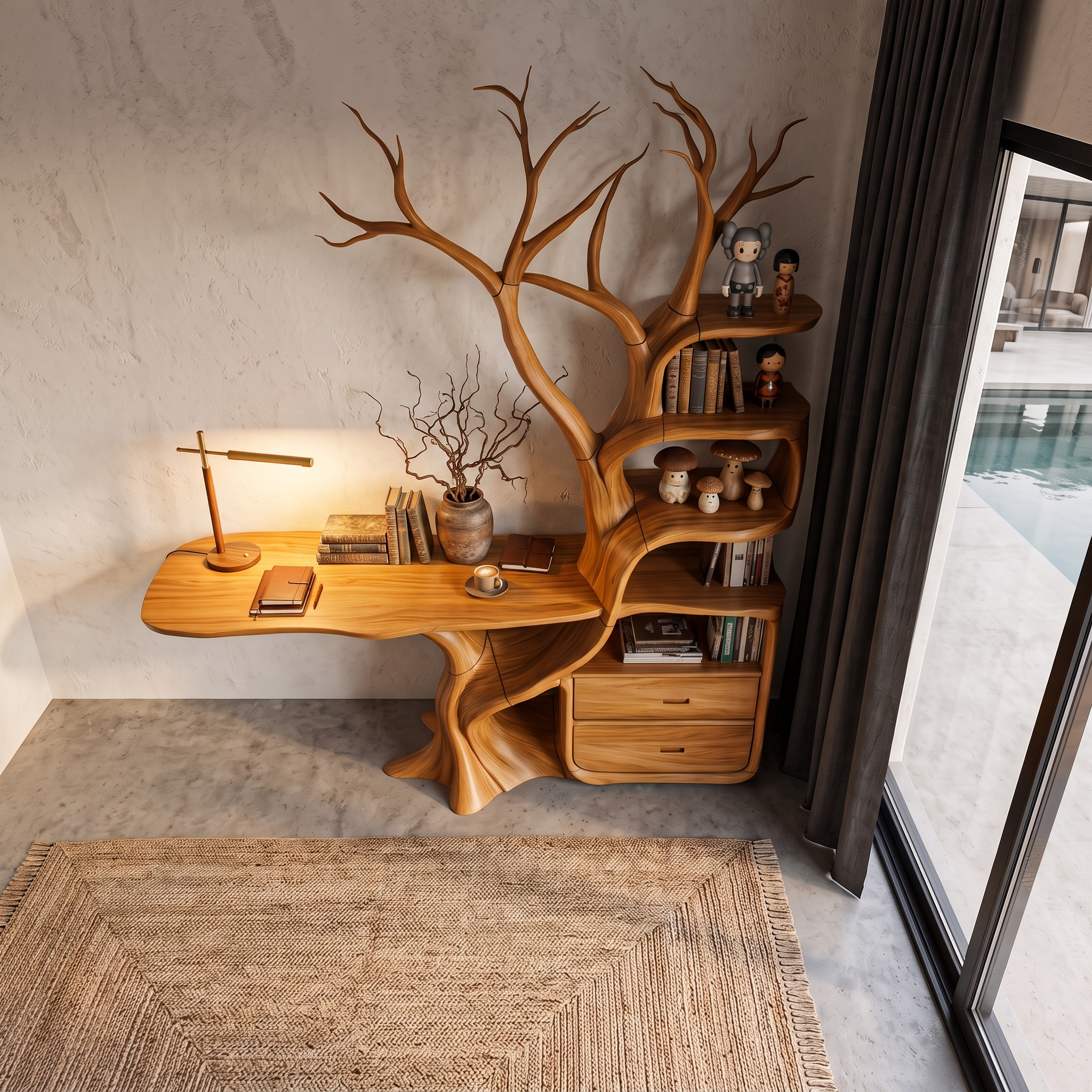 Natural Wall Mounted Tree Bookcase With Built In Drawers For Reading Nook