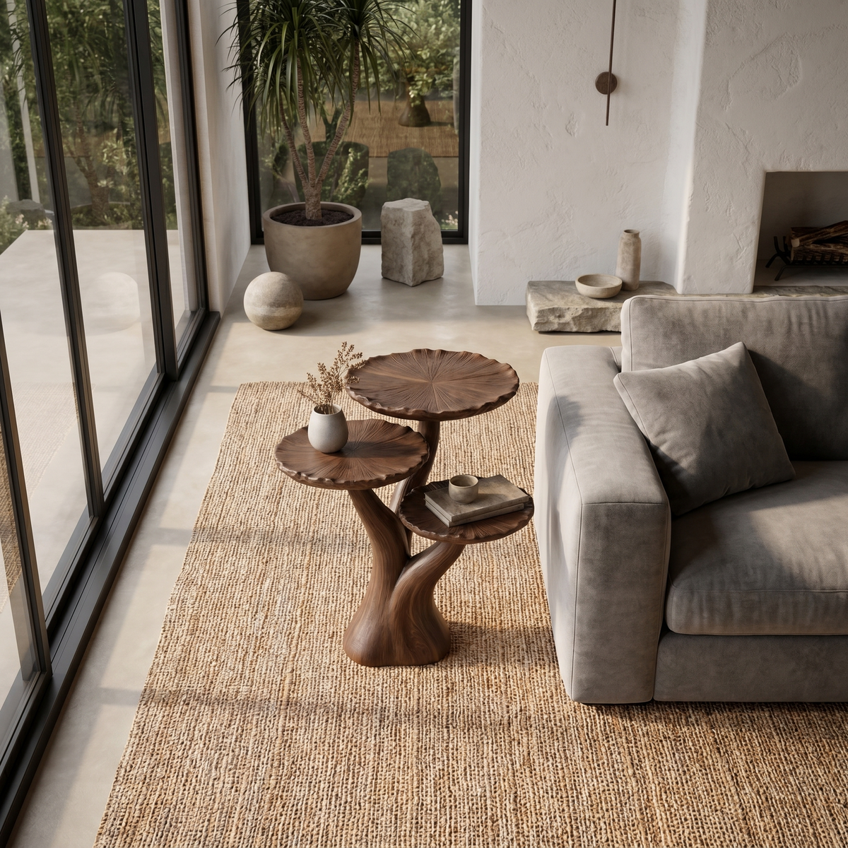 Organic Sculptural Side Table With Multi Tier Solid Wood Shelves For Living Room And Bedroom ETHCH022