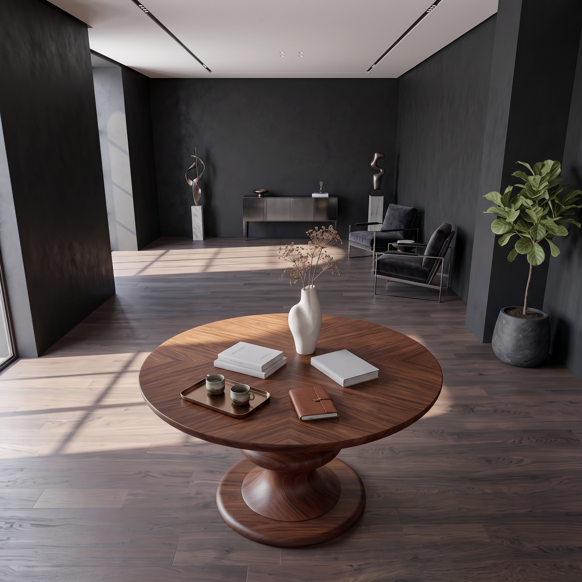 Contemporary Round Foyer Table With Turned Solid Wood Pedestal Base For Entryway And Hallway FTHCH003