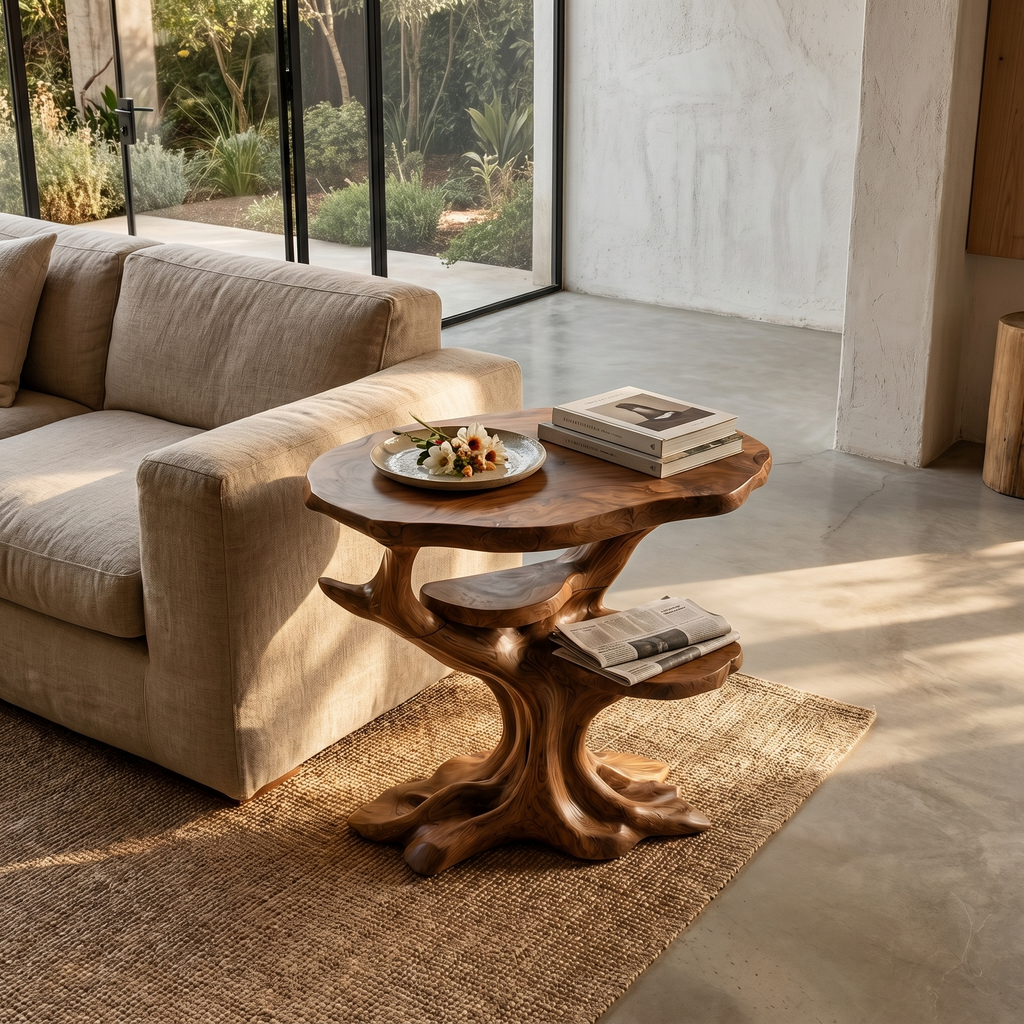 Organic Sculptural Side Table With Solid Wood Display Shelves For Living Room And Bedroom ETHCH021