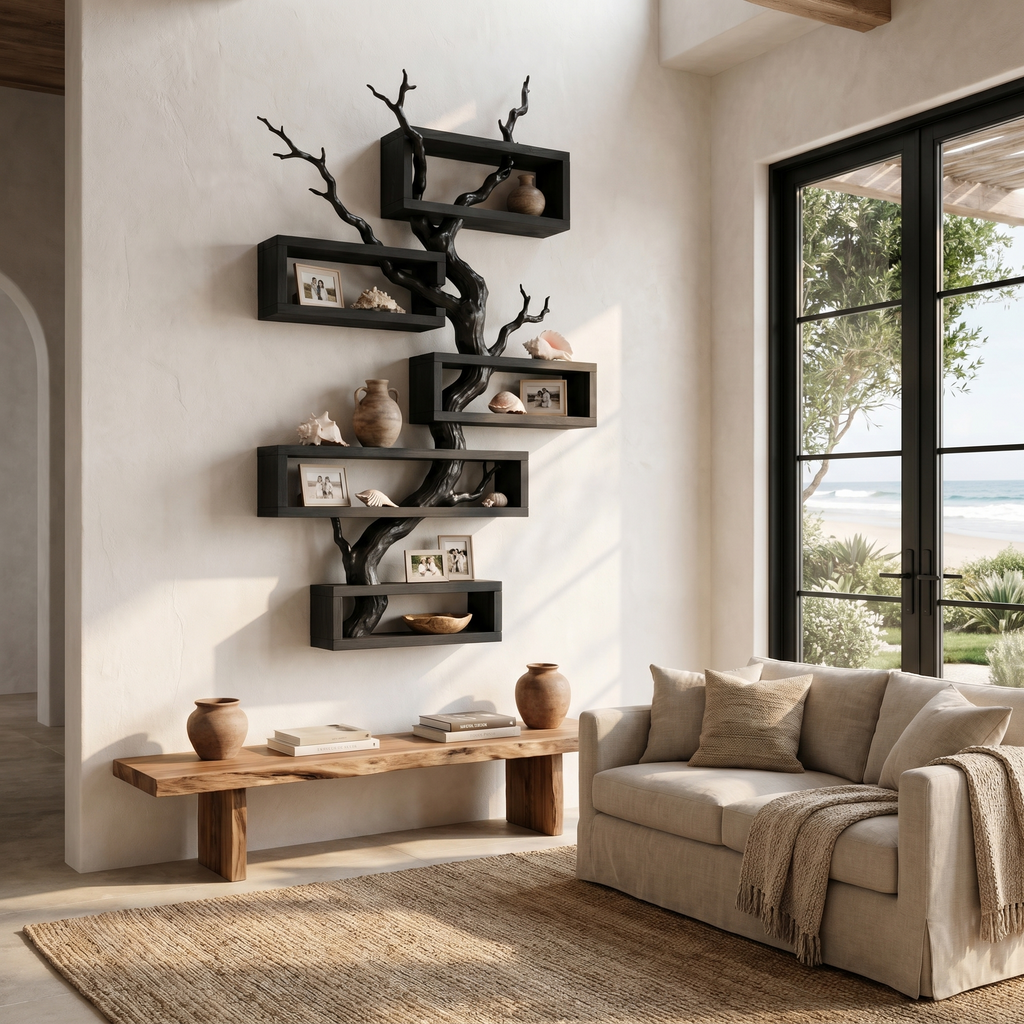 Modern Tree Branch Display Shelf With Floating Shelves For Home