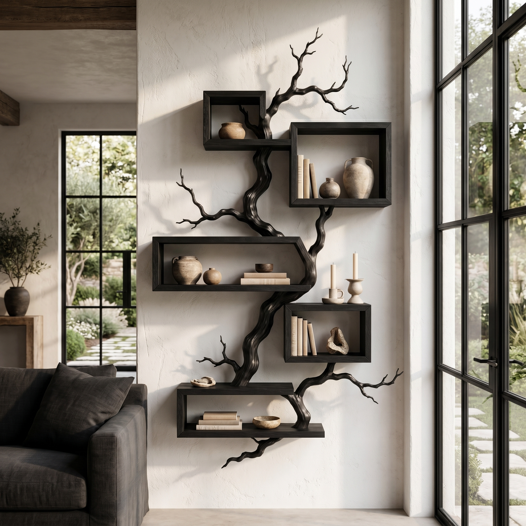 Organic Sculptural Floating Shelf With Tree Branch Design For Living Room