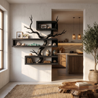 Rustic Corner Floating Shelf With Artistic Branch Shelves For Living Room