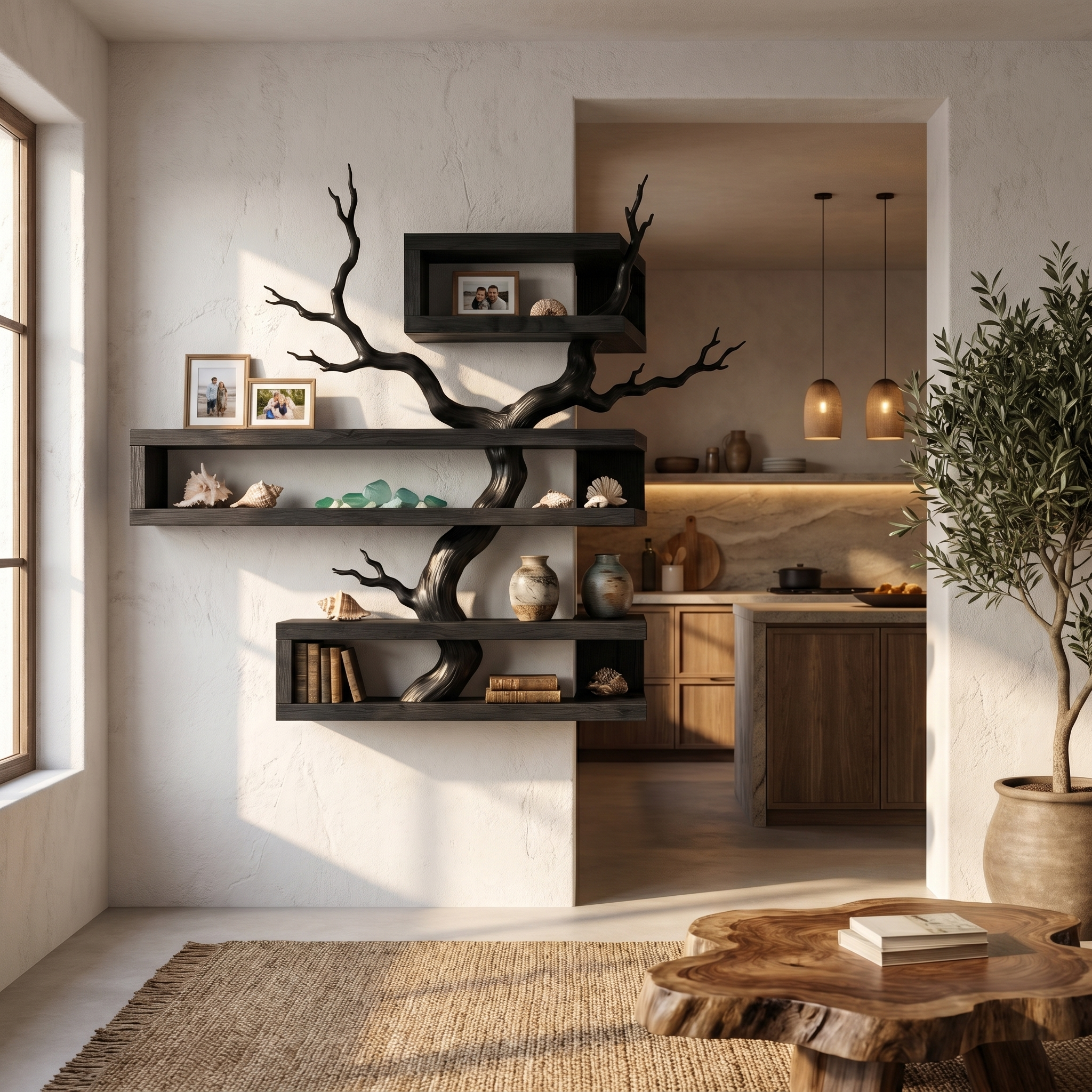 Rustic Corner Floating Shelf With Artistic Branch Shelves For Living Room