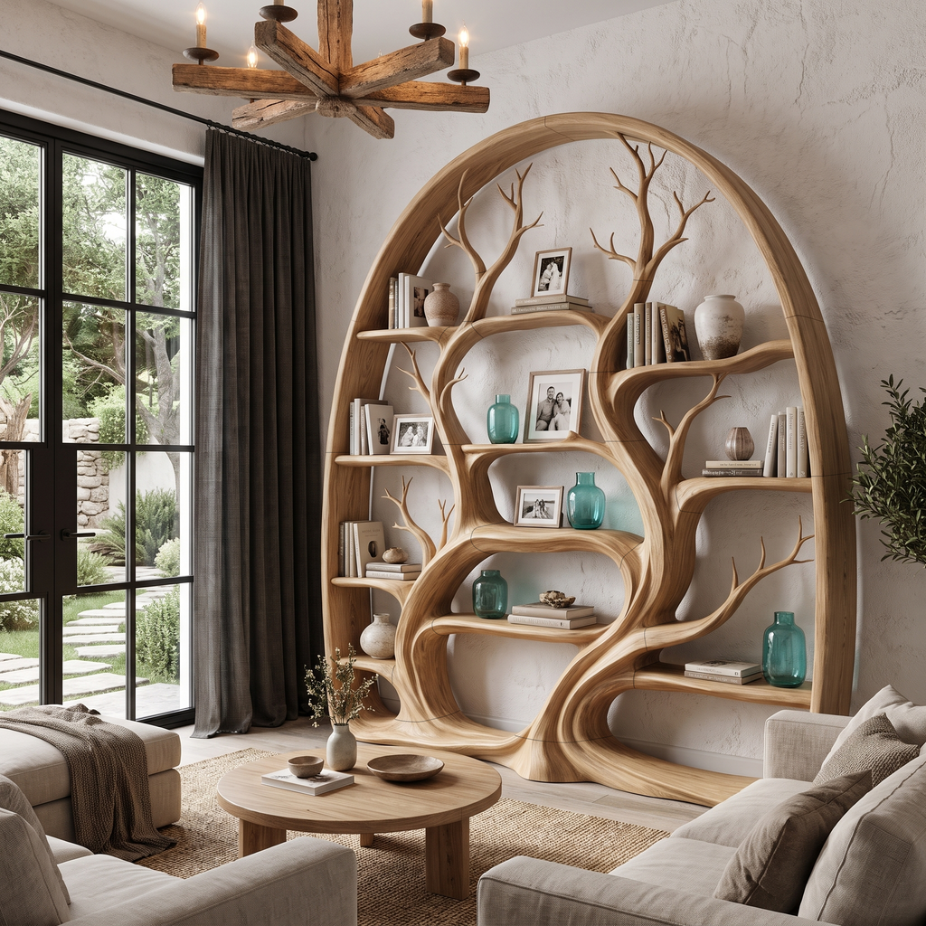 Organic Tree Bookshelf With Arched Branch Design For Living Room And Home Office
