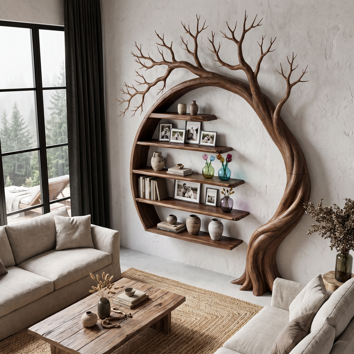 Natural Tree Bookshelf With Circular Branch Design For Living Room And Reading Nook
