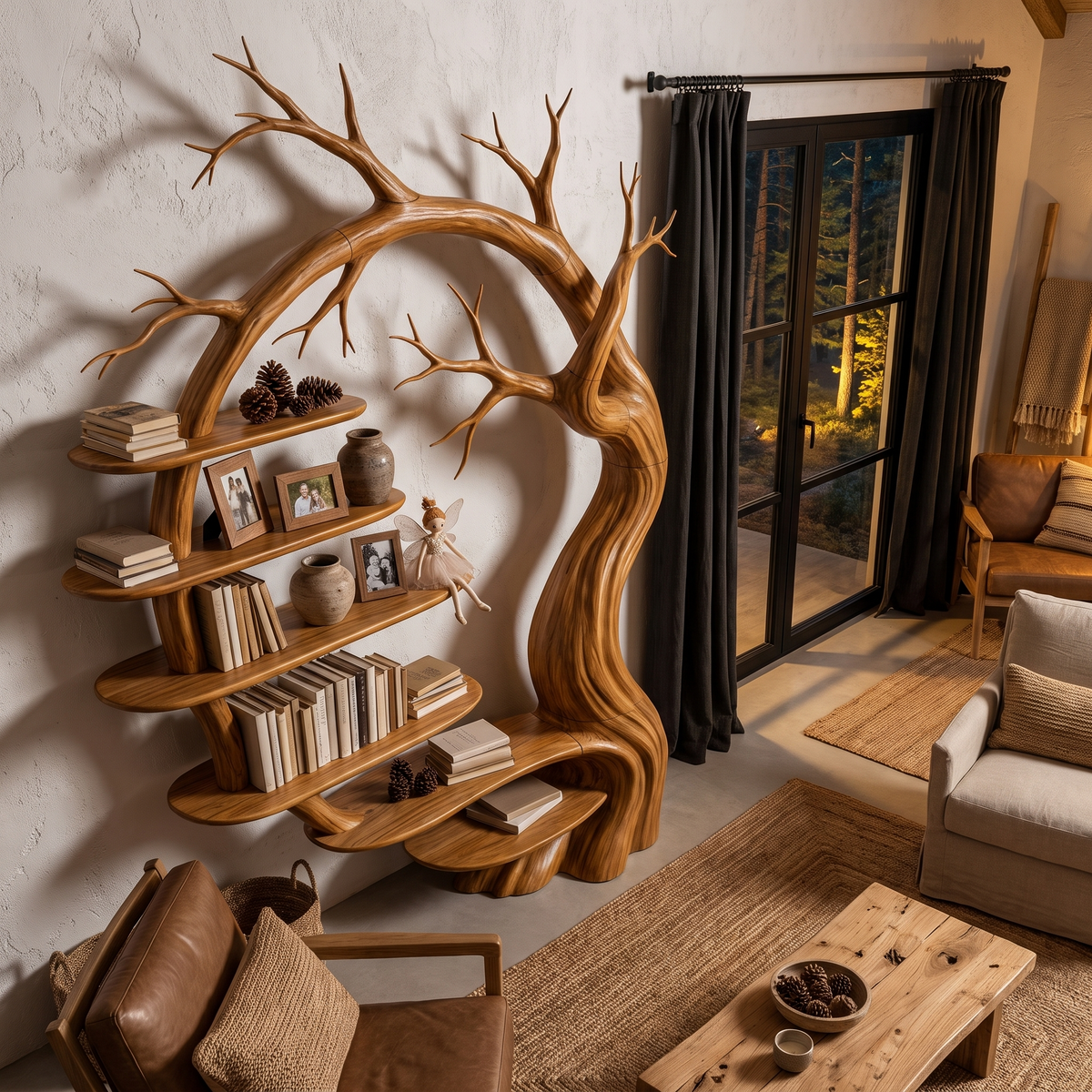 Rustic Tree Bookshelf With Sculptural Tree Branch Design For Living Room And Home Office