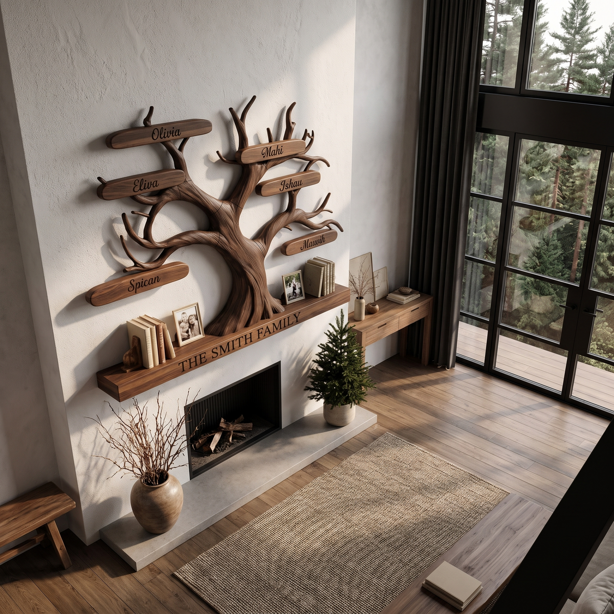 Organic Personalized Tree Wall Bookshelf With Custom Family Name For Living Room And Home Office