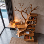 Natural Wall Mounted Tree Bookcase With Built In Drawers For Reading Nook