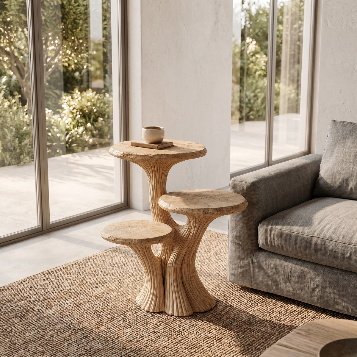 Contemporary Tiered Side Table With Sculptural Solid Wood Design For Living Room And Bedroom ETHCH023
