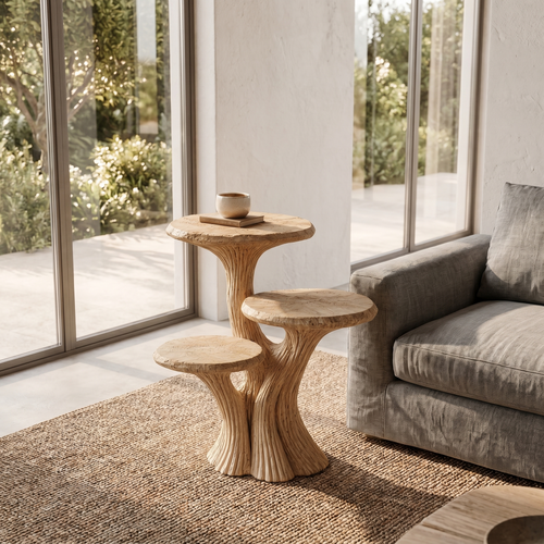 Contemporary Tiered Side Table With Sculptural Solid Wood Design For Living Room And Bedroom ETHCH023