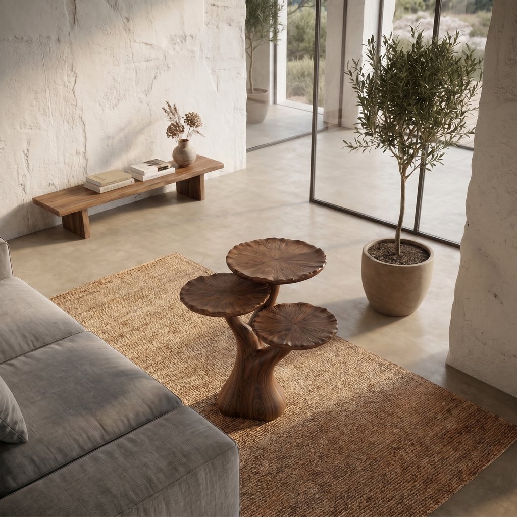 Organic Sculptural Side Table With Multi Tier Solid Wood Shelves For Living Room And Bedroom ETHCH022