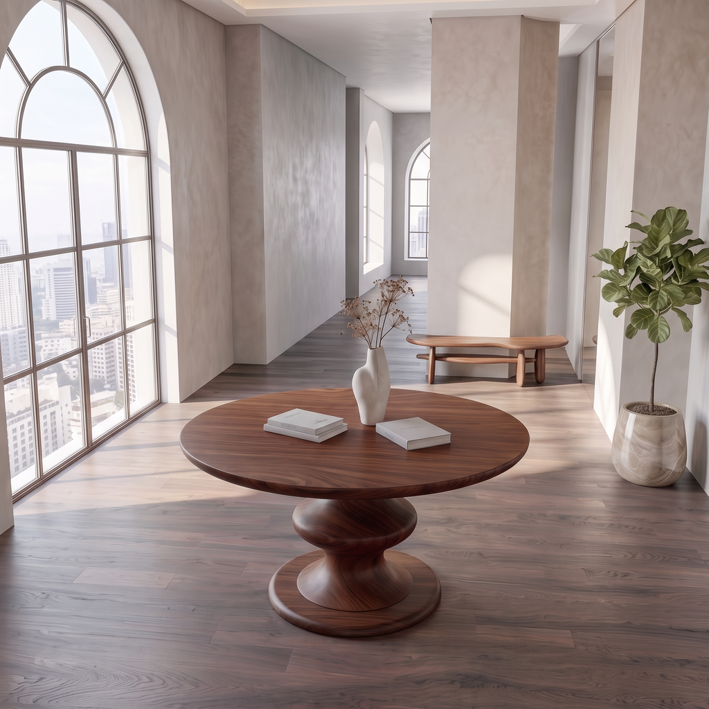 Contemporary Round Foyer Table With Turned Solid Wood Pedestal Base For Entryway And Hallway FTHCH003
