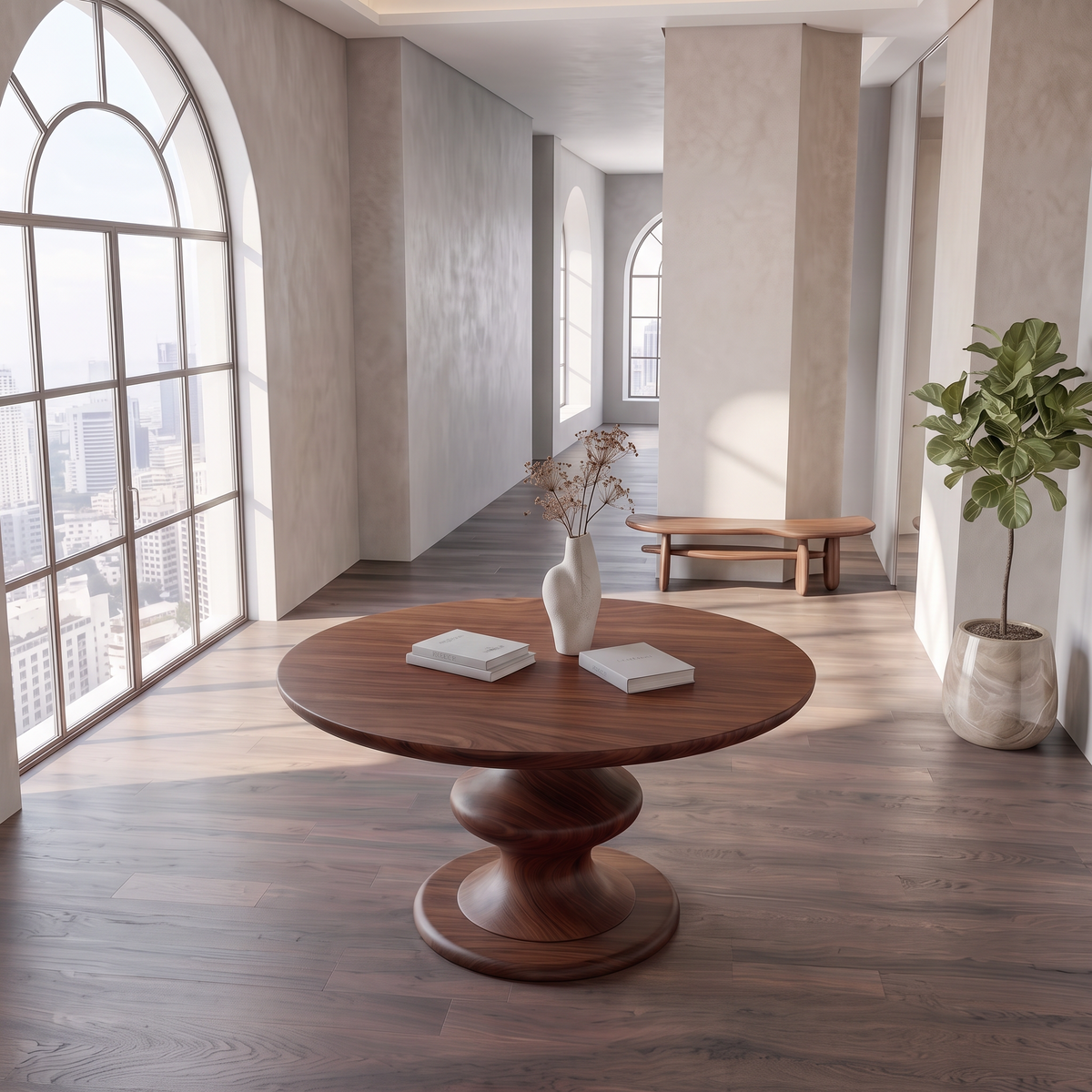 Contemporary Round Foyer Table With Turned Solid Wood Pedestal Base For Entryway And Hallway FTHCH003
