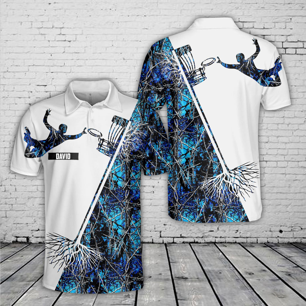Custom Name Disc Golf Basket Blue Camo Polo Shirt