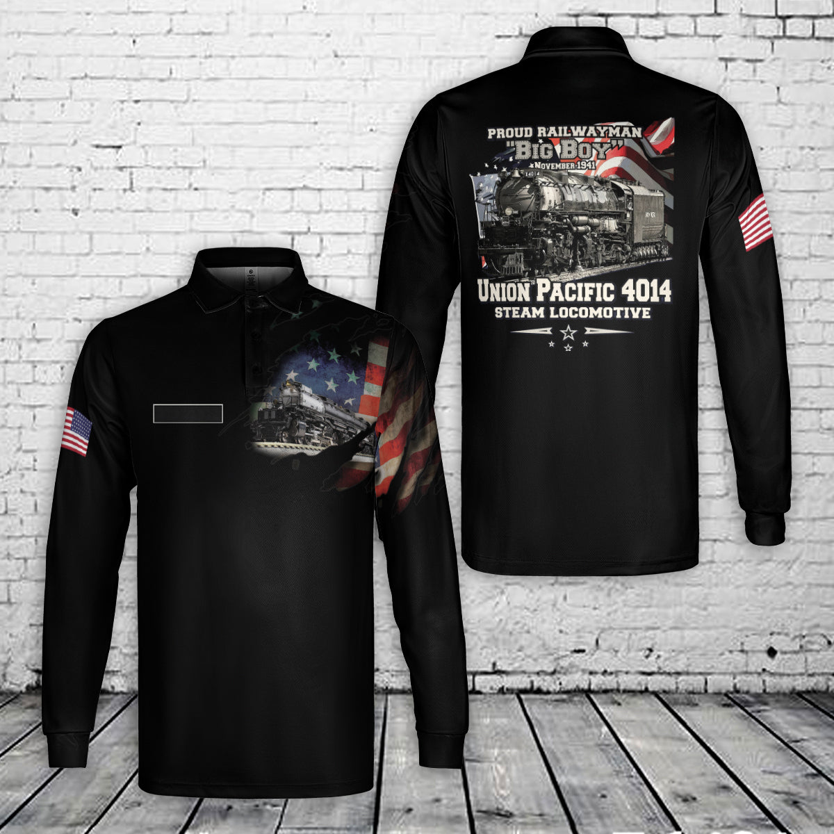 Custom Name Union Pacific Steam Locomotive 4014 BIG BOY AOP Men's Long Sleeve Polo Shirt (Midweight)