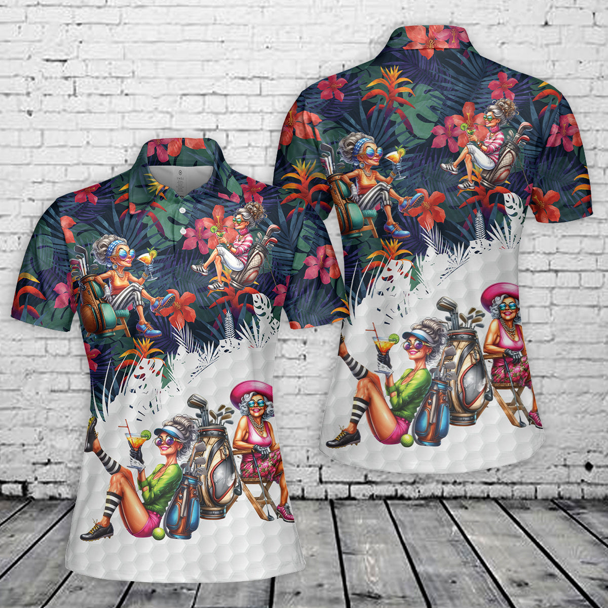 Elegant Woman with Golf Clubs and Cocktail Women's Sleeveless Athleisure Polo Shirt