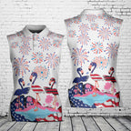 Flamingo Fireworks Bang 4th Of July Patriotic American Flag Women's Sleeveless Athleisure Polo Shirt