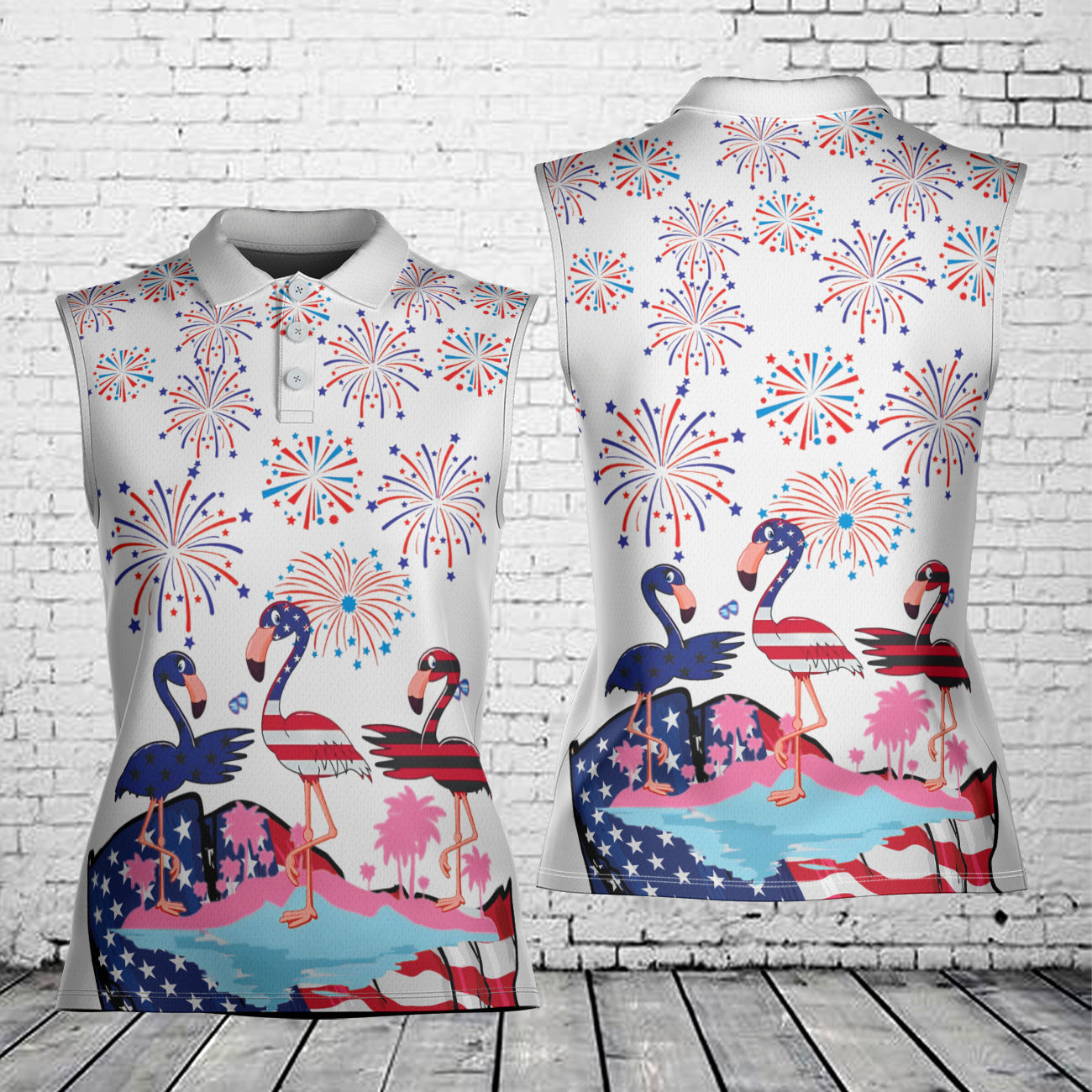Flamingo Fireworks Bang 4th Of July Patriotic American Flag Women's Sleeveless Athleisure Polo Shirt
