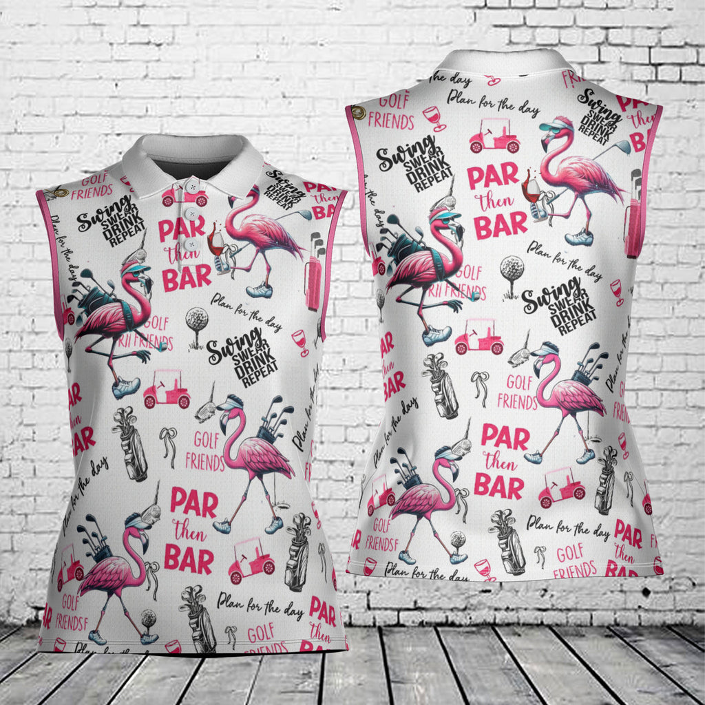 Flamingo Golf And Wine Women's Sleeveless Athleisure Polo Shirt