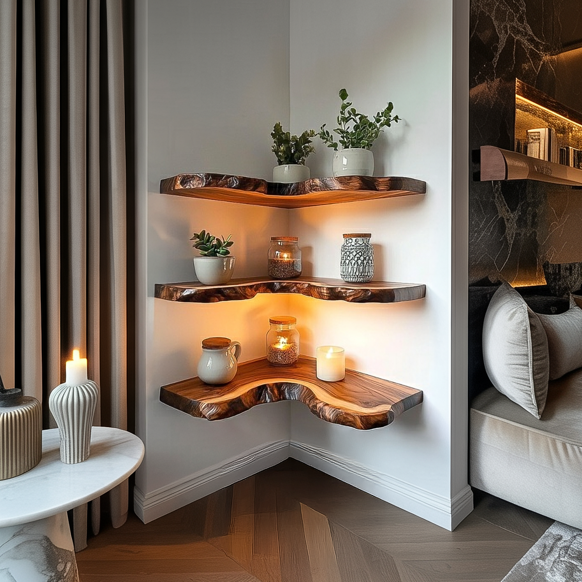 Rustic Live Edge Corner Shelves Solid Wood Living Room Interior Decorative Display CFSHCH012
